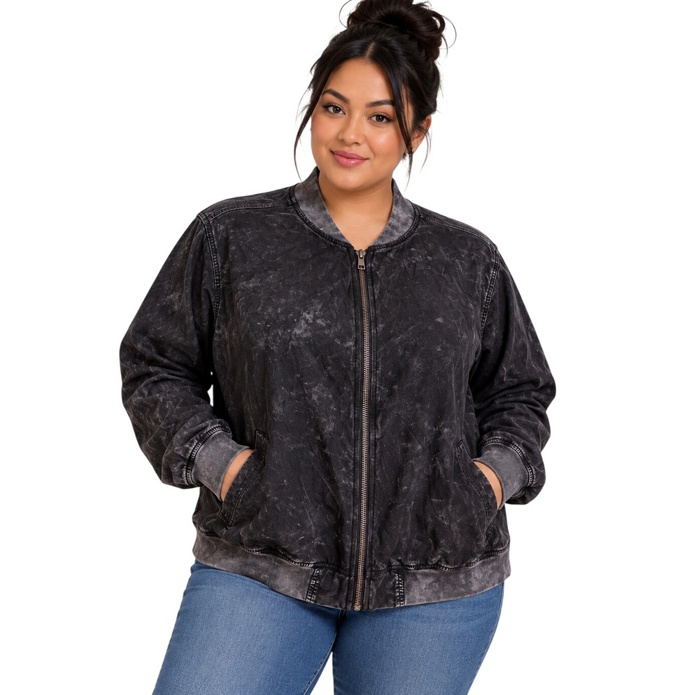 Torrid Womens Black Acid Wash Full Zip Bomber Jacket 1 1X 15468085